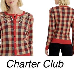 Charter Club Red Plaid Cardigan with Sequin Embellishments